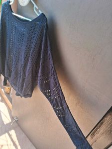 Navy Blue Knit Open Weave Top