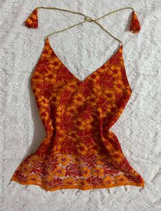 Orange Floral lacy Halter Neck backless top