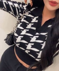 Houndstooth Knit Polo Crop Top