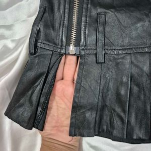 Black Pleated Faux Leather Mini Skort