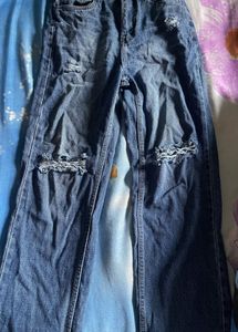 Women’s Dark Blue Ripped Wide-Leg Jeans | High-Wai