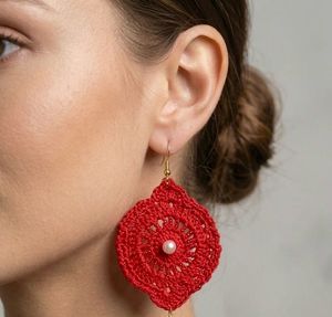 Handmade Crochet Red Earrings with Pearls