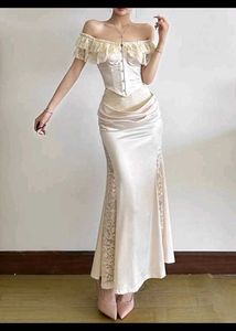 Elegant Cream Lace Trim Maxi Dress