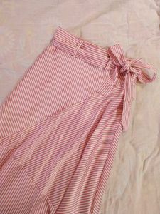 Chic Pink Striped Wrap Skirt with Bow
