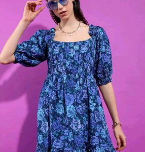 Blue Floral Smocked Square Neck Dress