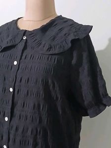 Black Textured Peter Pan Collar Blouse
