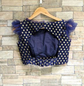 Navy Blue Polka Dot Blouse with Tulle Sleeves