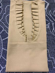 Ribbed Knit Ruffle-Trim V-Neck Top - Neutral Beige