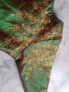 Emerald Green Silk Blouse with Gold Embroidery