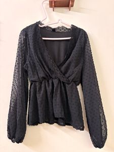Sheer Black Dot Print Peplum Top