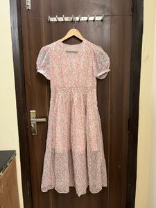 Pink Floral Puff Sleeve Midi Dress