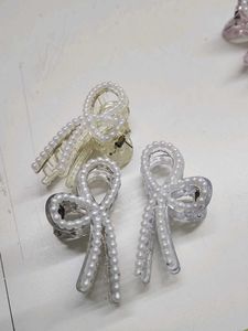 Pearl Bow Hair Claw Clips - Set of 3