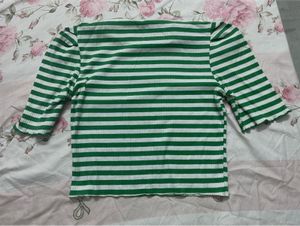 Green &amp; White Striped Ribbed Top