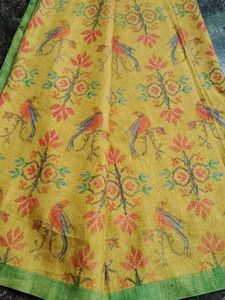 Vibrant Yellow Floral Bird Print Saree