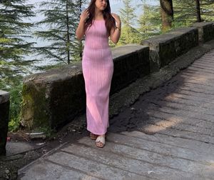 Pretty Pink Pleated Long Dress