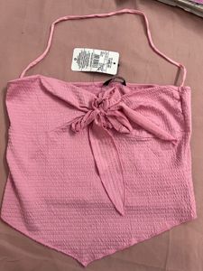 Pink Textured Halter Neck Crop Top