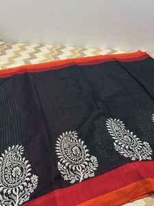 Elegant Black Saree with White Paisl