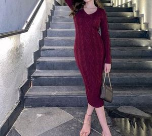 Burgundy Cable Knit V-Neck Dress
