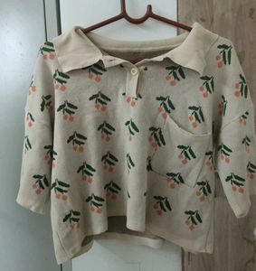 Cute Cherry Print Collared Sweater Top