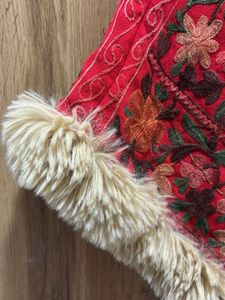 Red Embroidered Poncho with Fur Trim