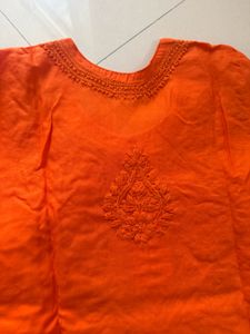 Vibrant Orange Embroidered Kurta Top