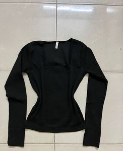 Black Lace ribbed long sleeve top sqaure neck
