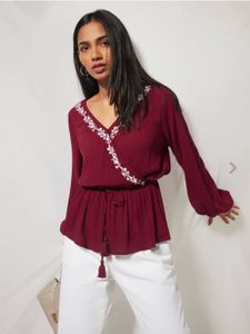 Westside Maroon Embroidered Peplum Top