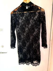 Elegant Sheer Black Lace Collared Dress