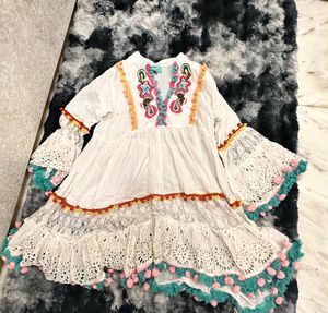 Boho Embroidered White Cotton Tunic Top