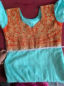 Elegant Turquoise &amp; Orange Anarkali Gown