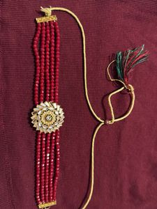 Red Beaded Choker with Sunstone Pendant