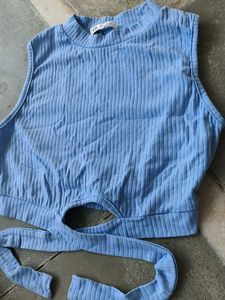 Blue Ribbed Cut-Out Crop Top