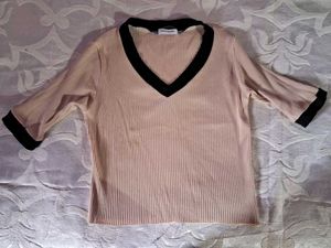Beige Ribbed V-Neck Top with Black Trim