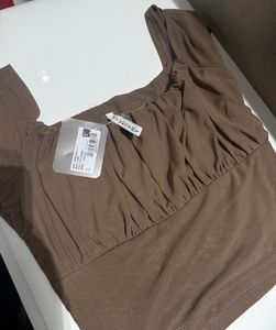 Brown Ruched Square Neck Top