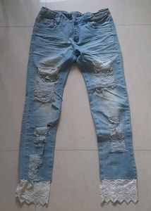 Distressed Jeans with Pearl & Lace Detail