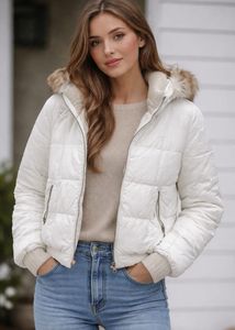 White Puffer Jacket with Faux Fur Hood