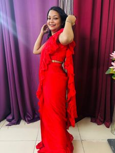 Stunning Red Ruffle Saree- Designer Made