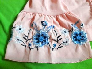 Korean Floral Embroidery Bell Sleeve Pink Crop Top