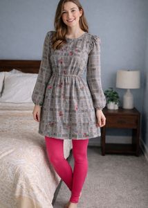Chic Plaid A-Line Midi Dress with Floral Accents