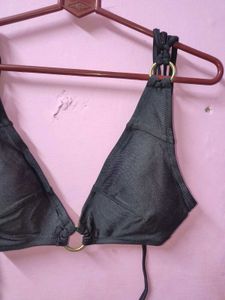 Chic Black Bikini Top with Gold Ring Detail