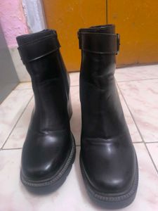 Chunky Heel Black Boots with Buckle