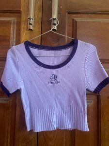 Purple Ribbed Crop Top with Flower Detail
