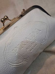 Chic White Prada Clutch with Gold Chain