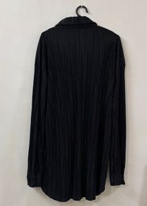 Black Pleated Button-Down Shirt