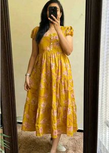 Yellow Floral Tiered Midi Dress