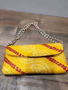 Yellow Bandhani Clutch with Beaded Handle