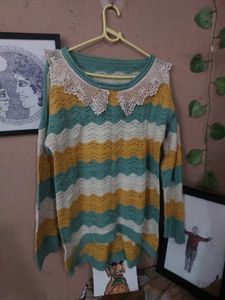 Striped Crochet Sweater with Lace Collar