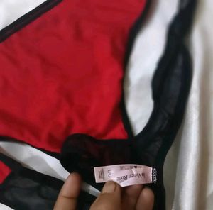 Red &amp; Black Lace Thong Panty