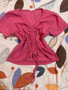 Cute Pink Ruched Front V-Neck Top