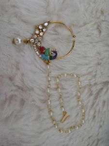 Gold Peacock Nath with Pearl &amp; Crystals